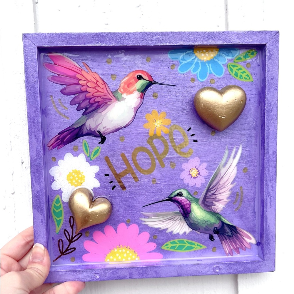 Purple Hummingbird Wall Art with Gold Accents